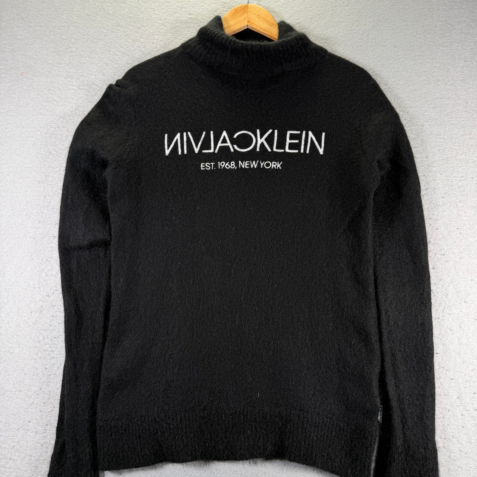 Calvin Klein Black Mock Neck Knit Sweater L/G Alpaca Wool Blend Ribbed Side Zip